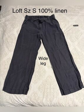 Loft linen Wide Leg women’s sz Small Pants, grey blue, drawstring waist, pockets